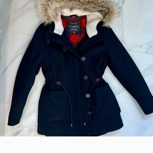 American Eagle Wool-Blend Hooded Peacoat Navy Blue Size Medium